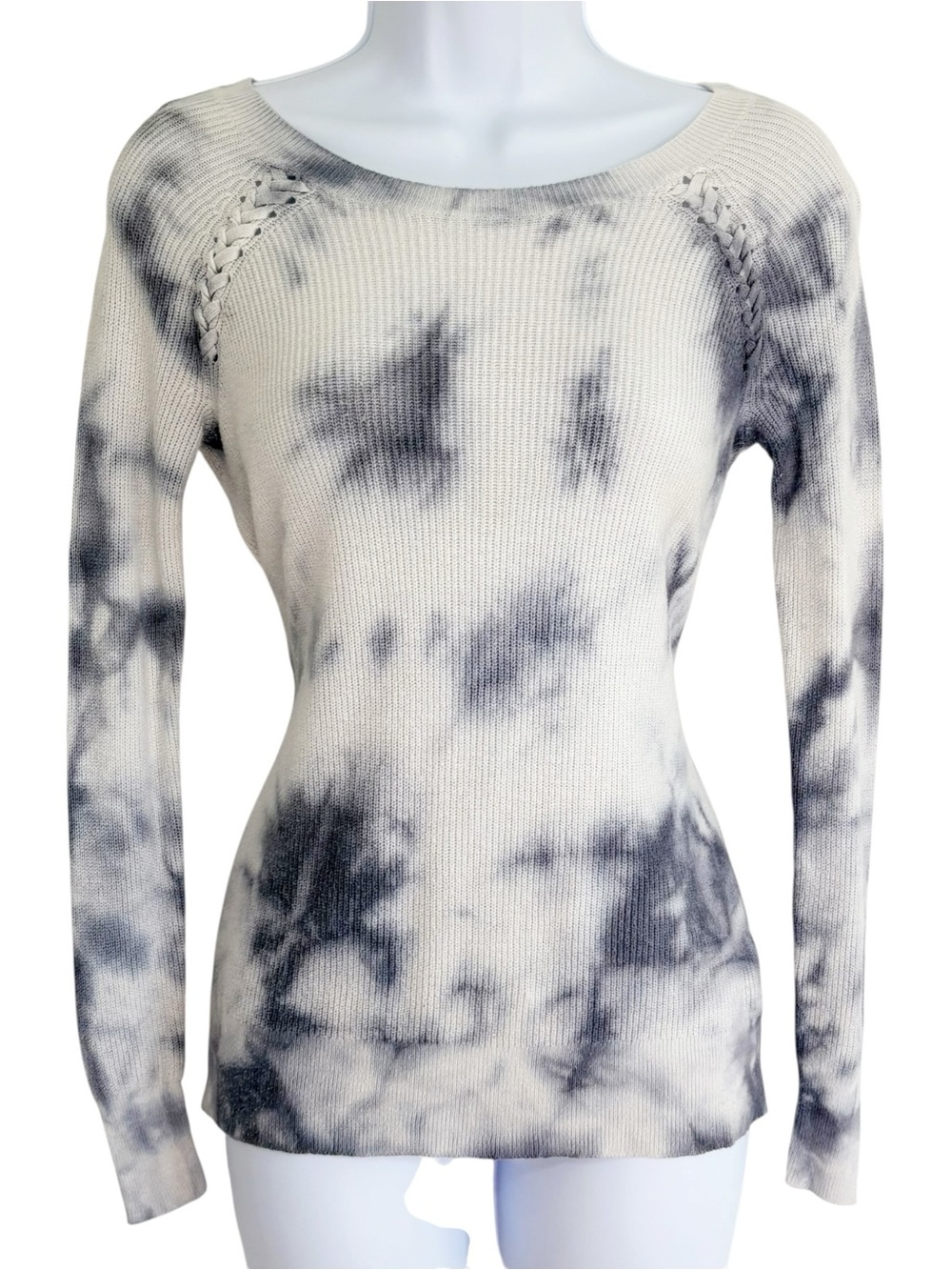 AMERICAN EAGLE Tie Dye Ribbed Knit Sweater Braided Shoulder Blue Gray XS